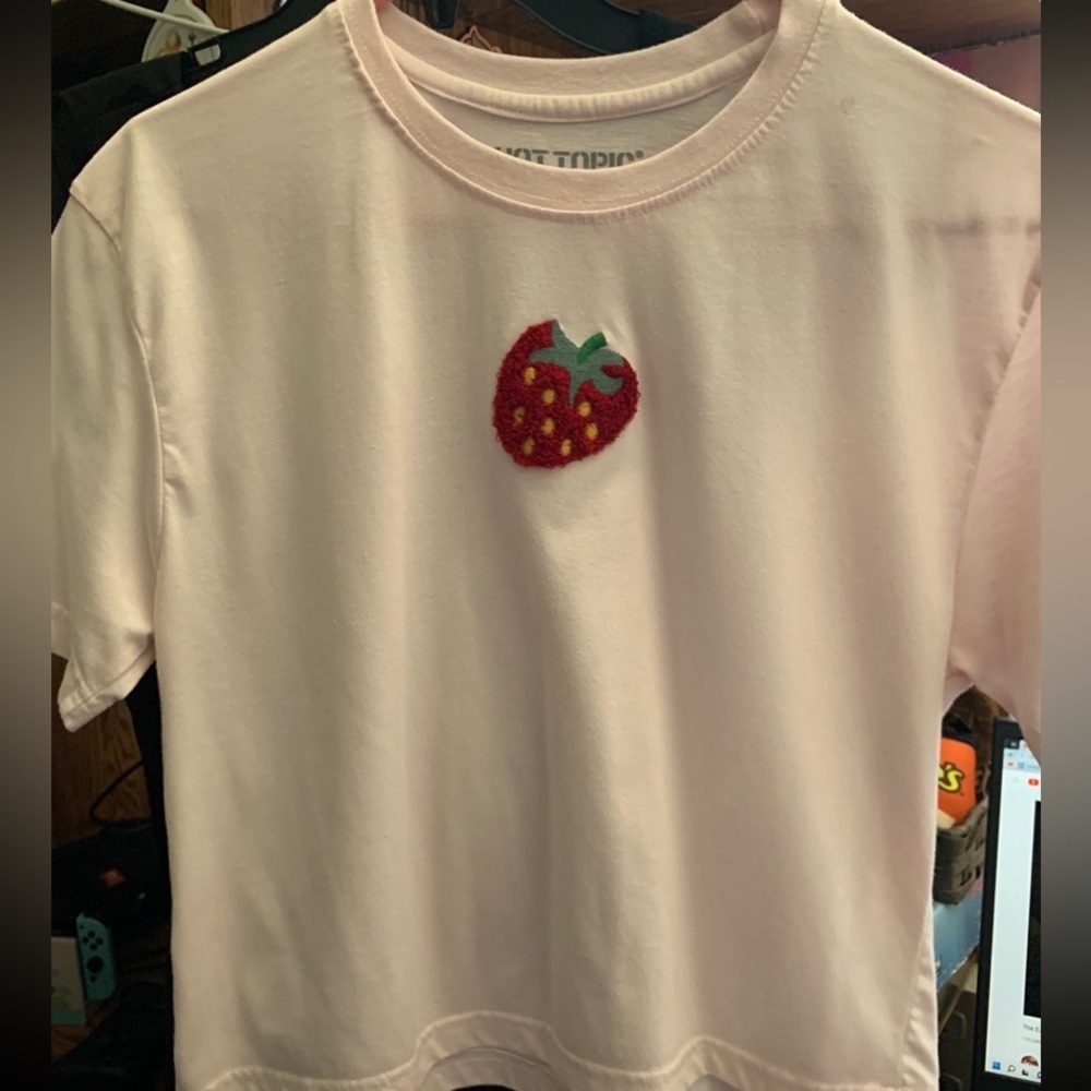 Hot Topic Light pink and red strawberry shirt